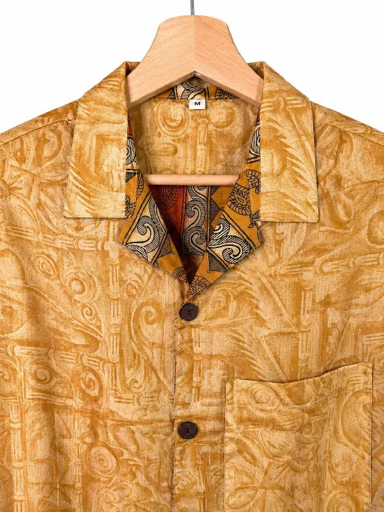 Camicia in Seta Sari Tribale Tono su Tono Ocra e Arancio - Taglia M
