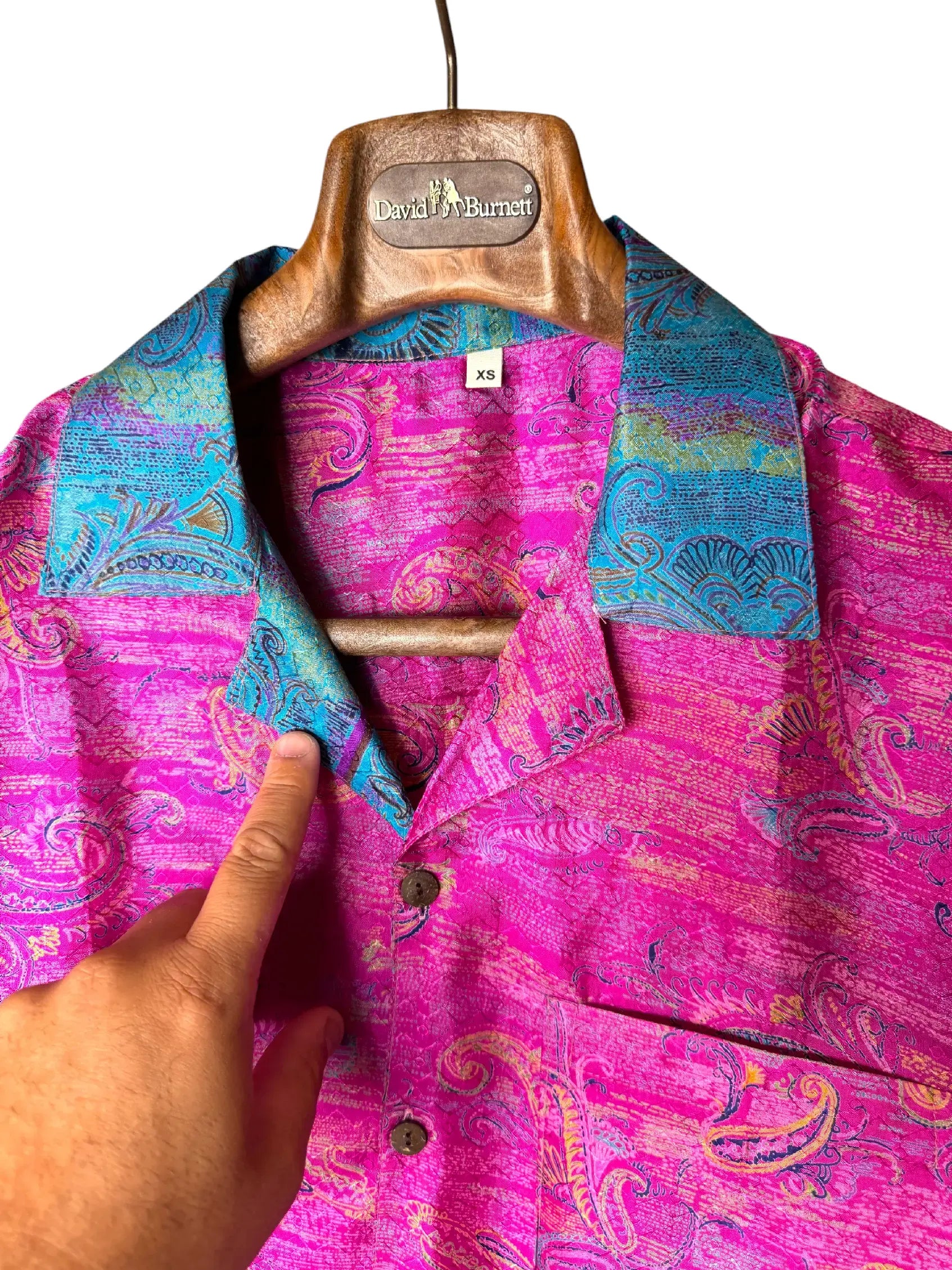 Camicia Etnica in Seta Sari Vintage Paisley Fucsia Turchese - Taglia S