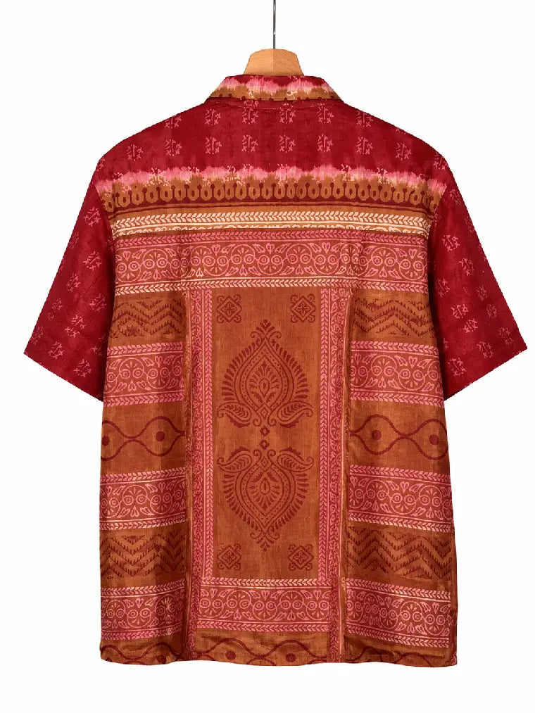 Camicia in Seta Sari Tribale Rosso e Terracotta Unisex - Taglia XL