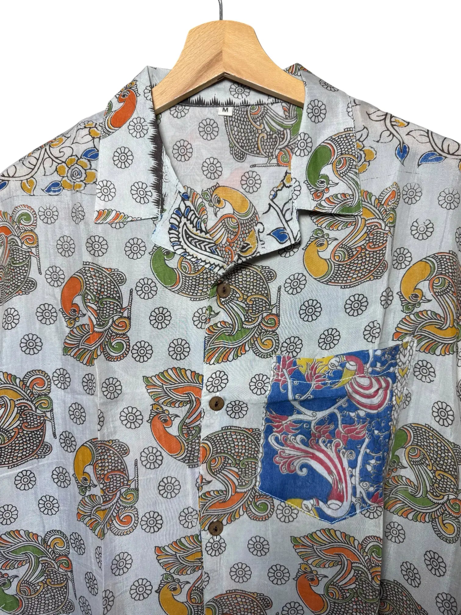Camicia Etnica Sari Block Print Pavoni Retro - Taglia M