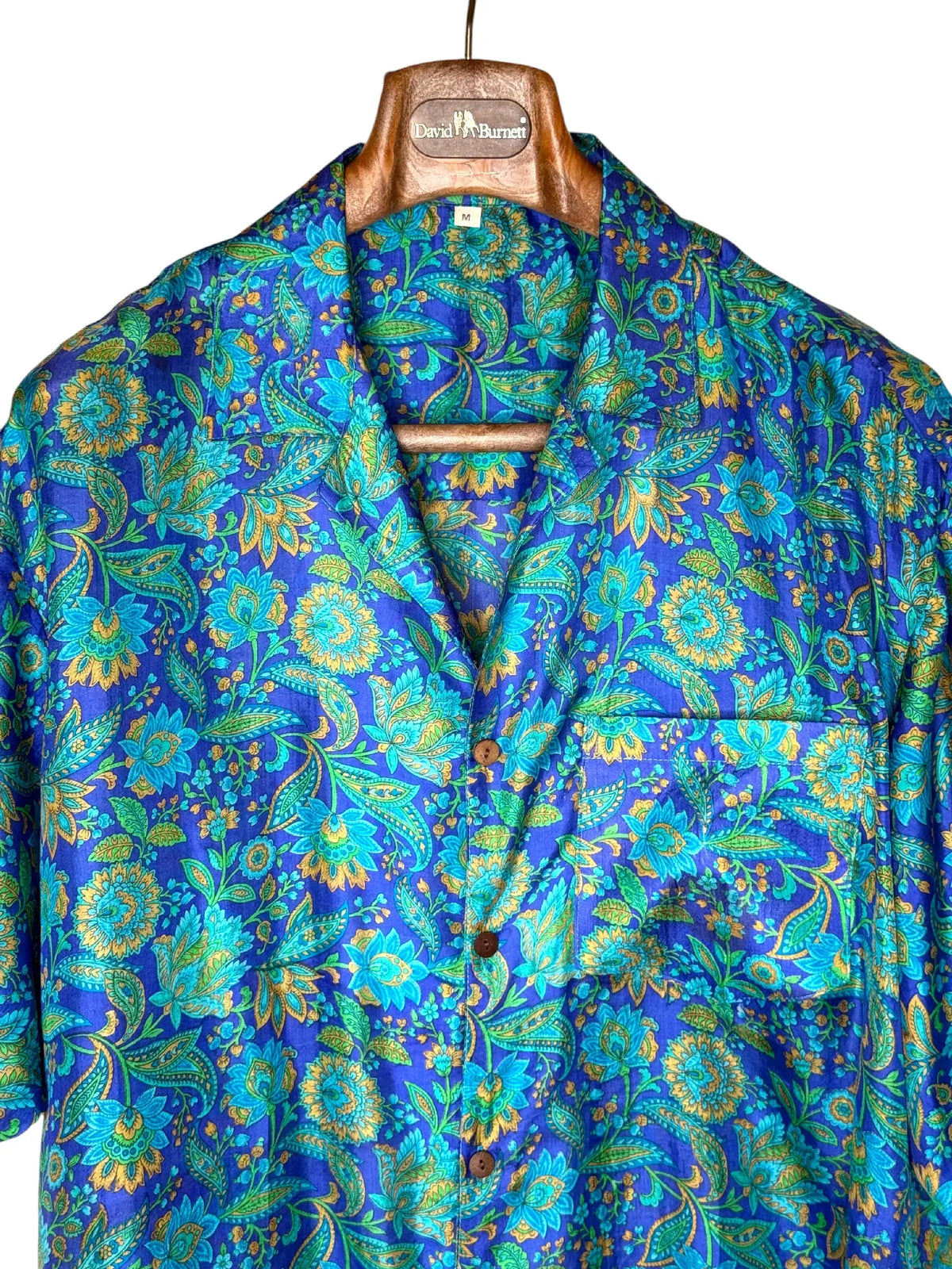 Camicia Etnica in Seta Sari Vintage Floreale Blu - Taglia M