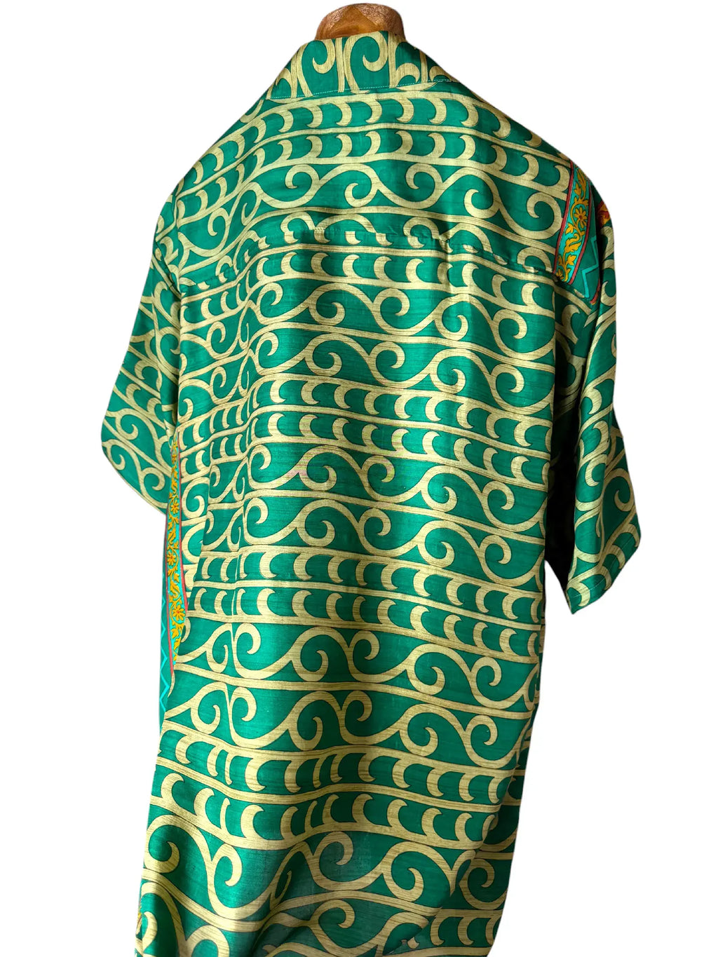Camicia Etnica in Seta Sari Vintage Onde Verde Smeraldo - Taglia L