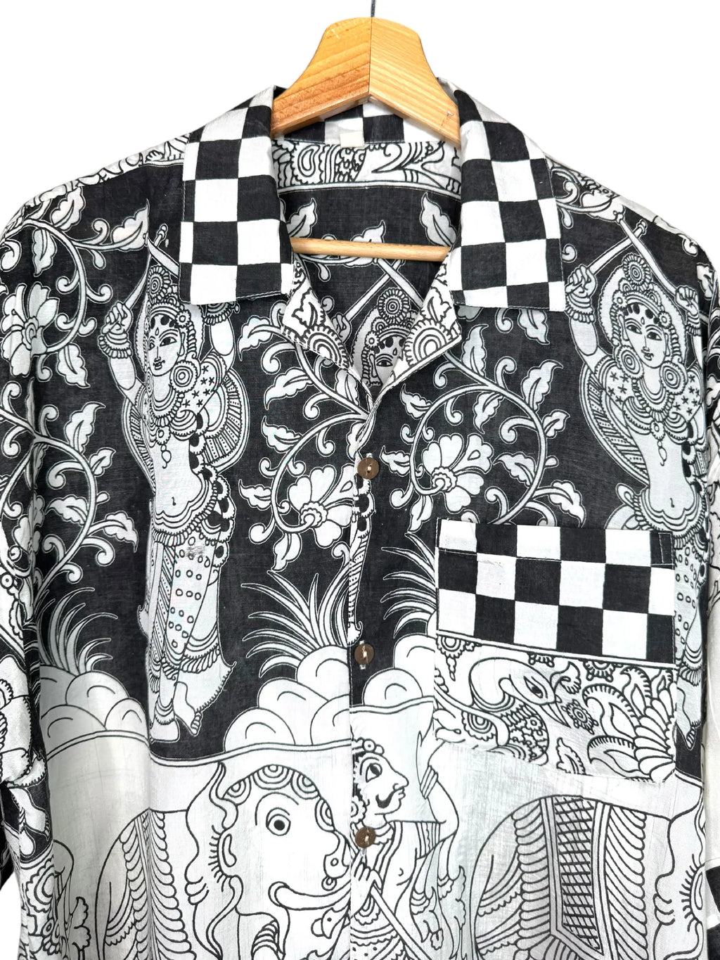 Camicia Etnica Kalamkari Elefanti Cotone Bianco e Nero - L