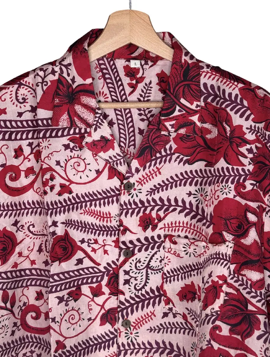 Camicia in Seta Sari Rose e Felci Rosso e Rosa Unisex - Taglia L