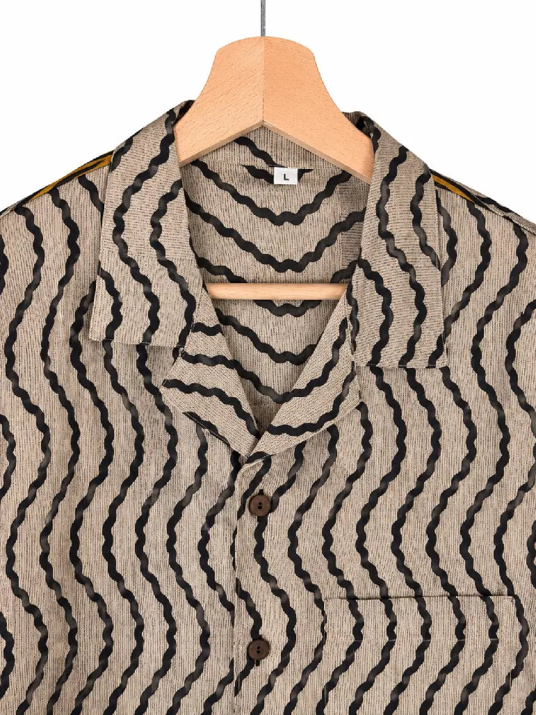 Camicia in Seta Sari Onde Grafiche Beige e Nero Unisex - Taglia L
