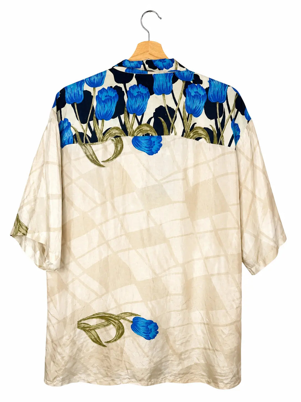 Camicia Etnica in Seta Sari Tulipani Blu Panna - Taglia M