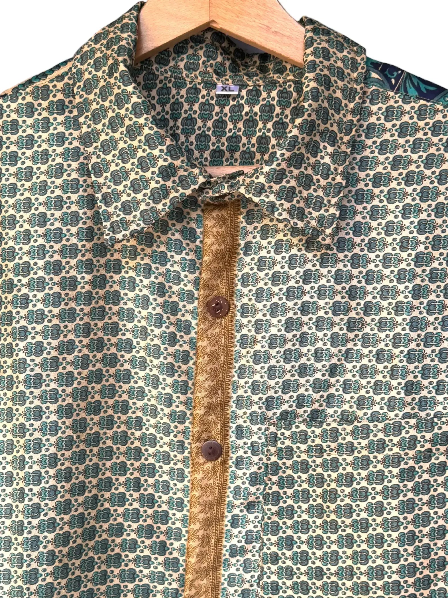 Camicia Etnica Verde Teal Avorio - Mandala Boho Sari - Taglia XL