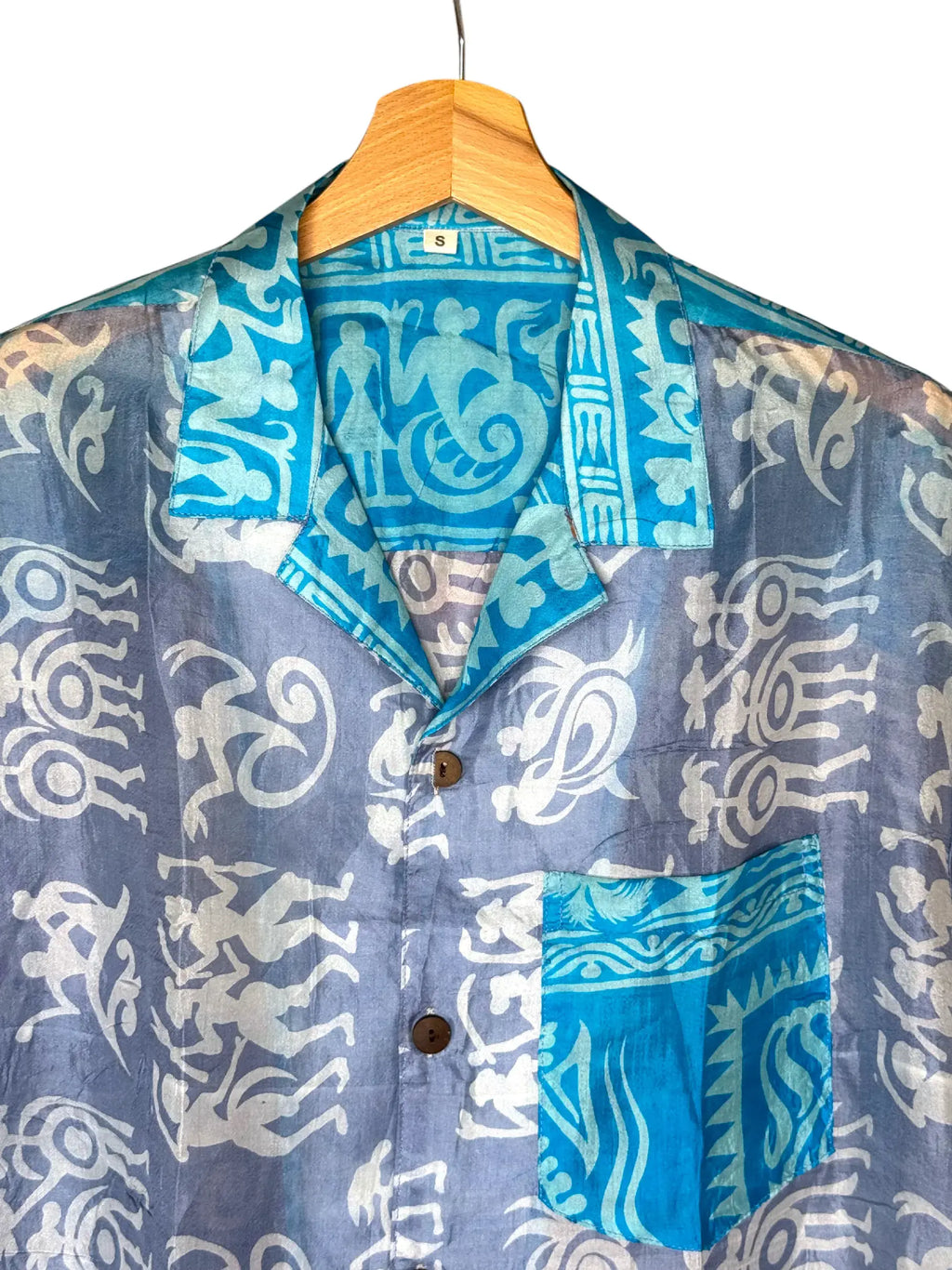 Camicia Etnica in Seta Sari Figure Tribali Blu - Taglia S