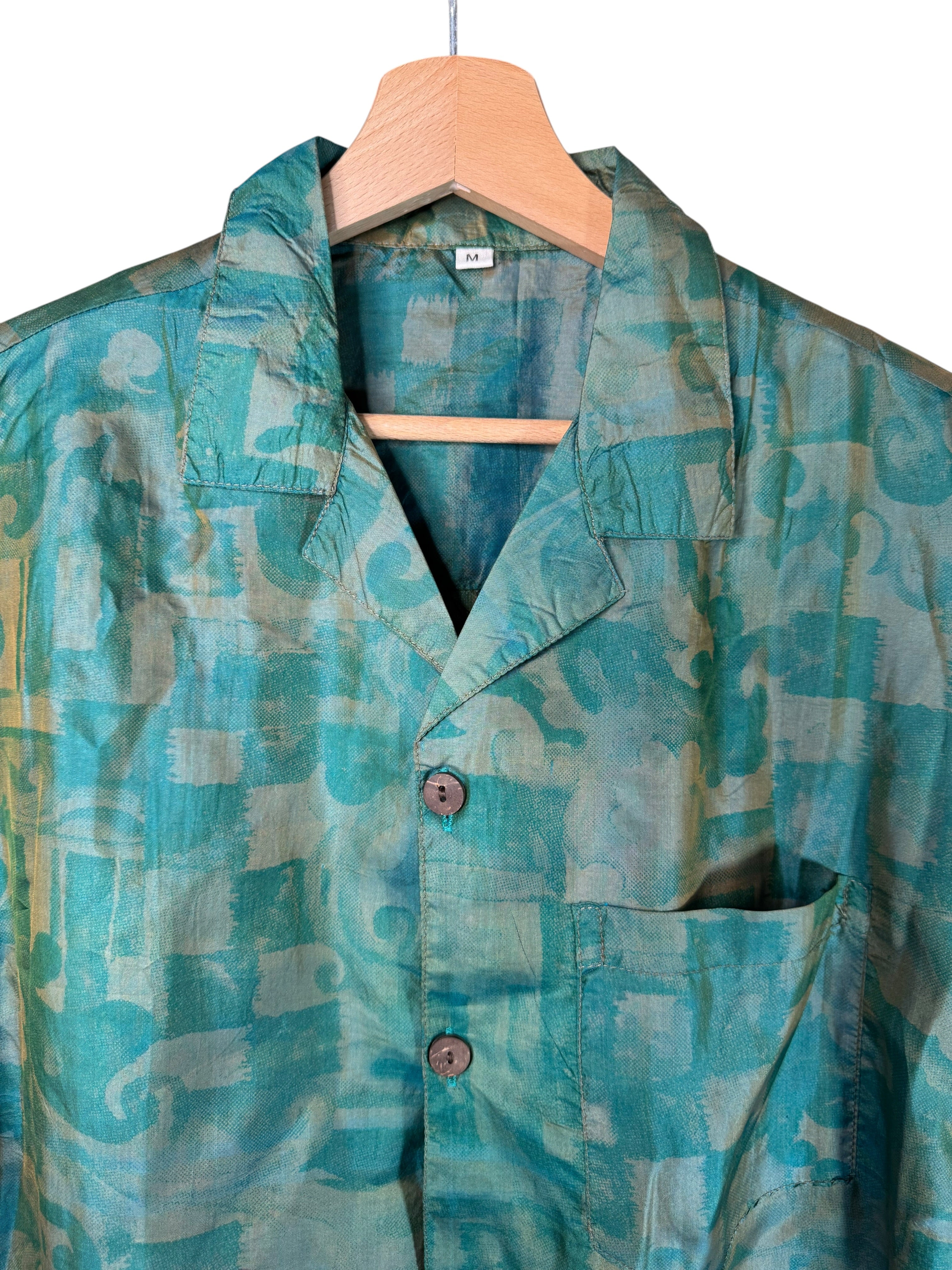 Camicia in Seta Sari Verde Smeraldo Geometrica Barocca - Taglia M