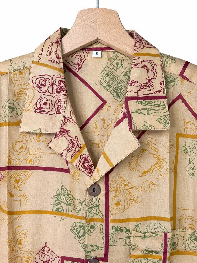 Camicia in Seta Sari Tribale Geometrico Ocra e Bordeaux - Taglia S