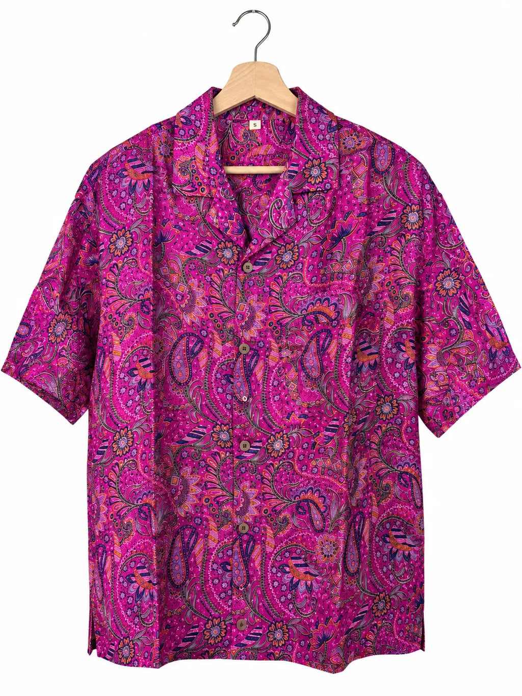 Camicia in Seta Sari Fucsia Paisley Millefleurs Navy Unisex - Taglia S