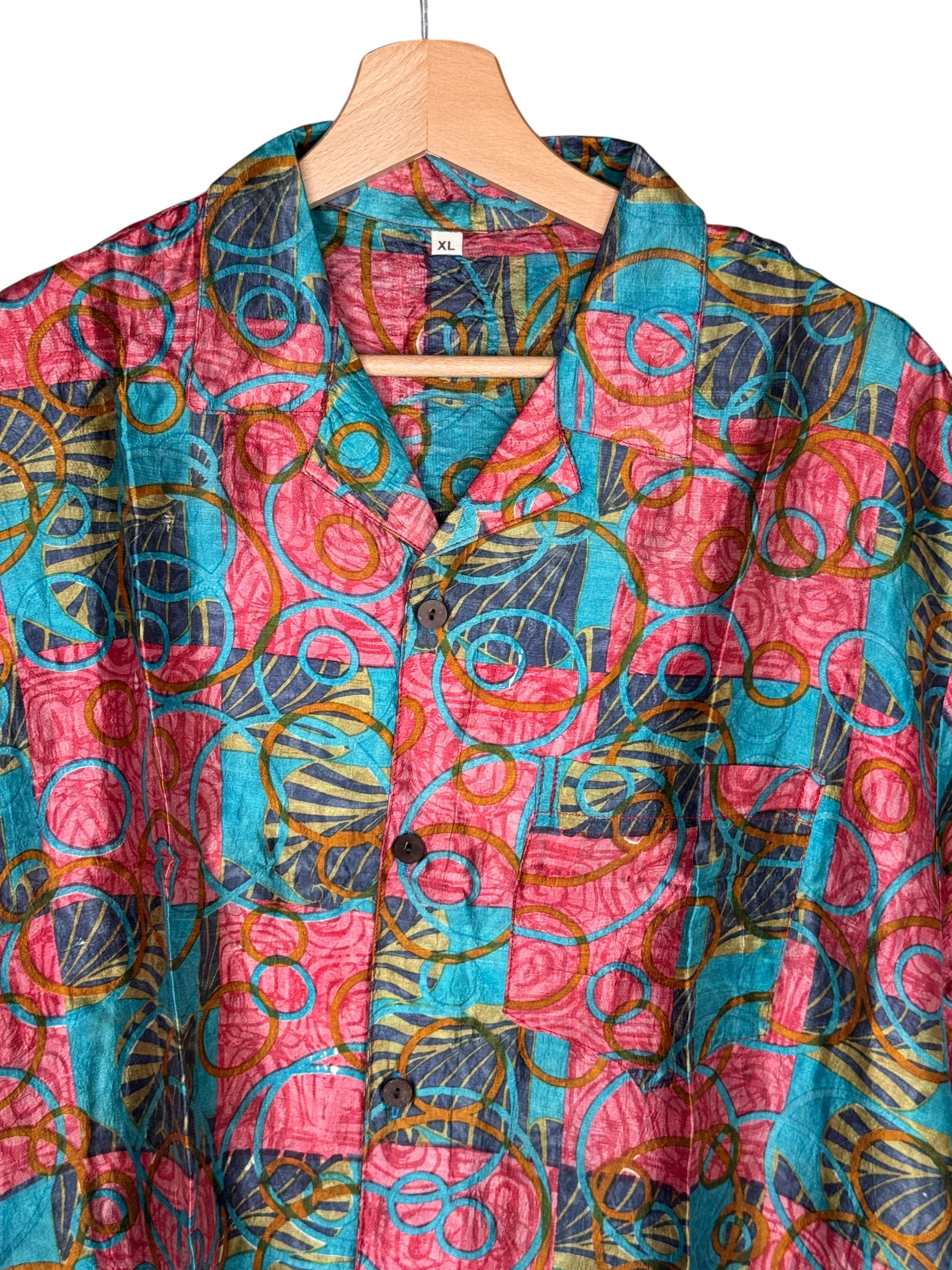 Camicia in Seta Sari Batik Turchese e Fucsia con Righe Unisex - Taglia XL