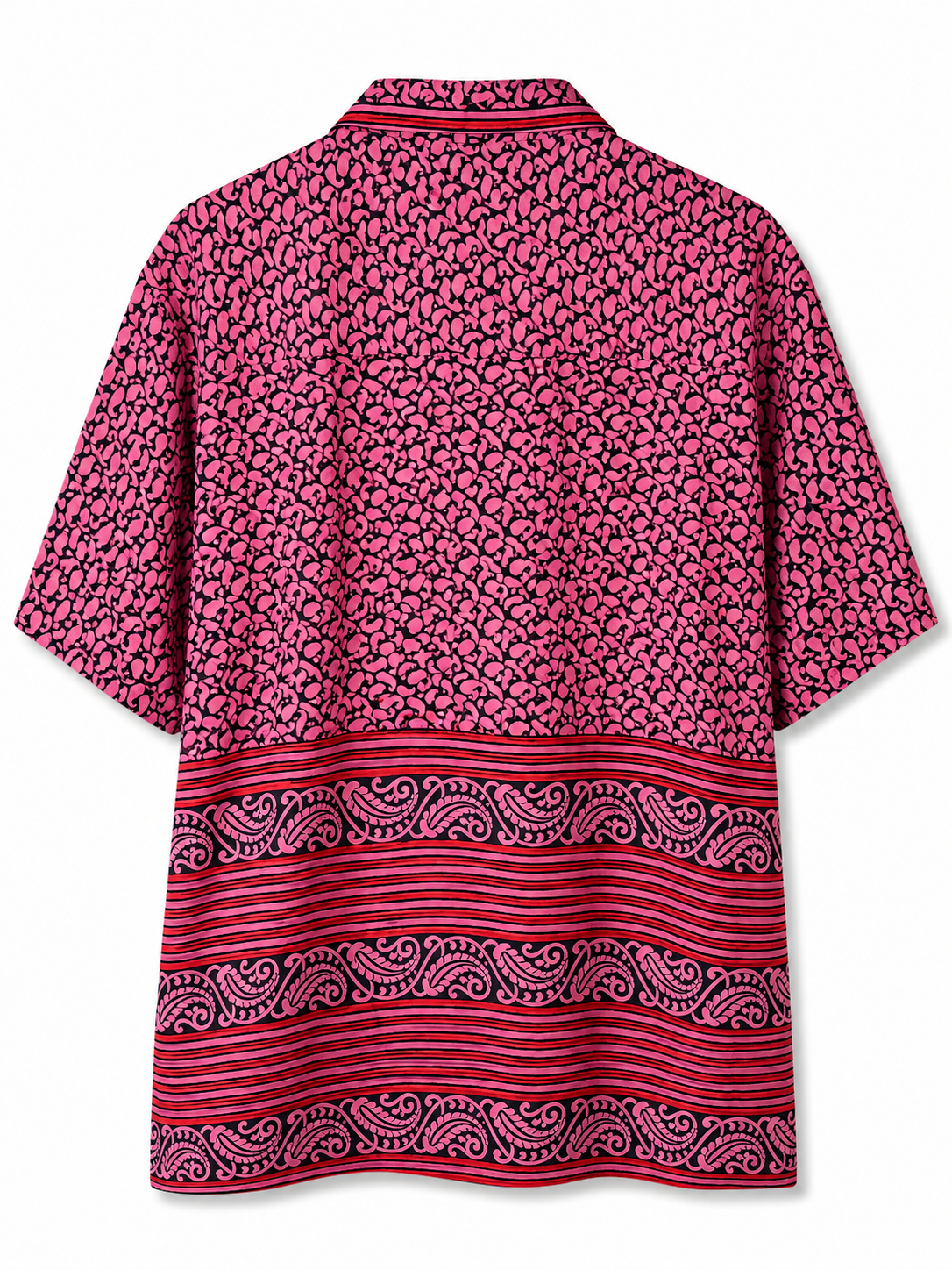 Camicia in Seta Sari Paisley Fucsia Nero Righe Rosse Unisex - Taglia M