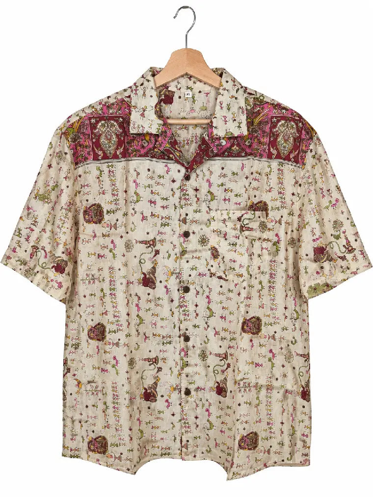 Camicia in Seta Sari Folk Narrativo Avorio e Fucsia Unisex - Taglia XL