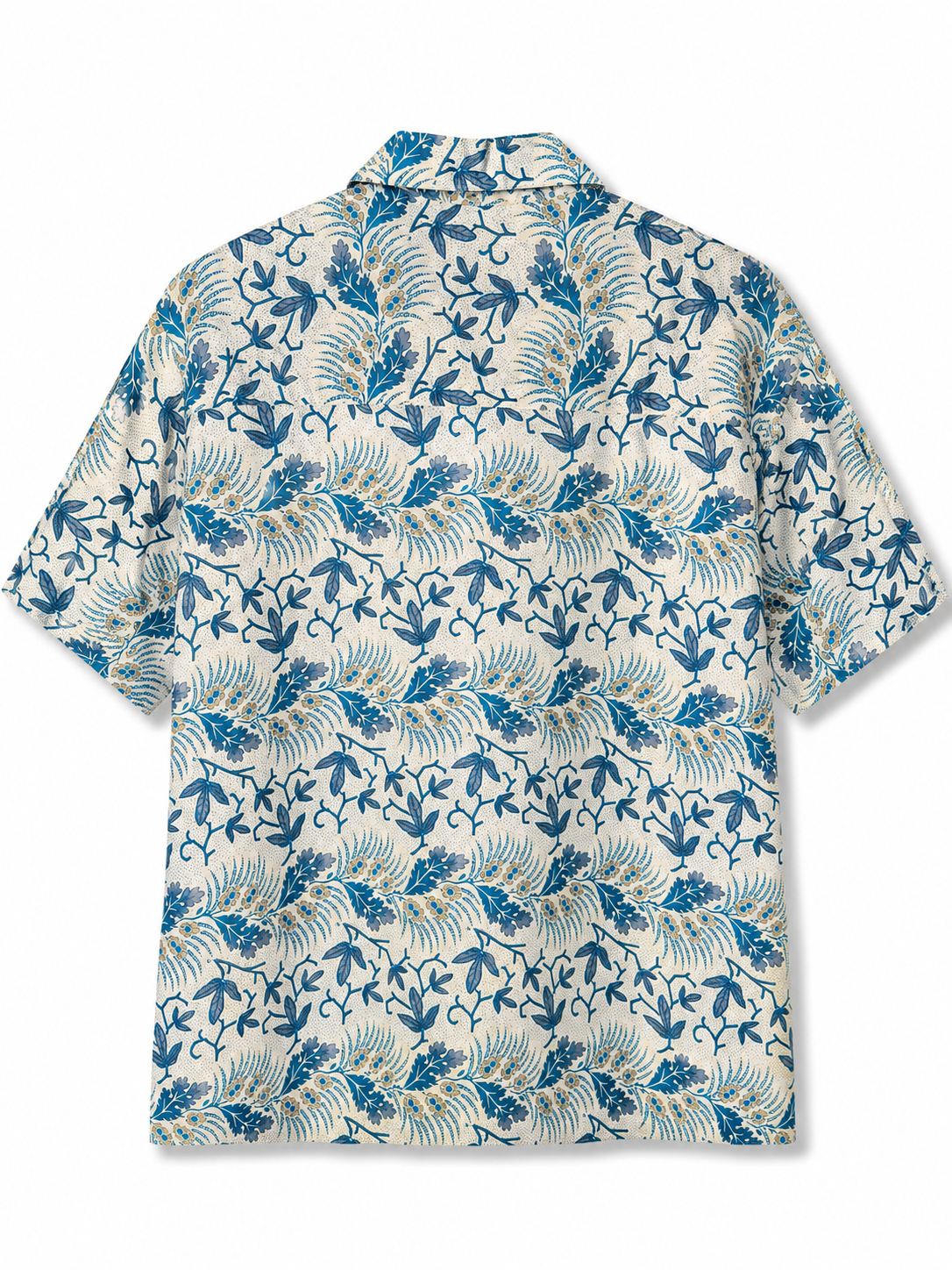 Camicia in Seta Sari Botanica Avorio Blu Foglie Unisex - Taglia S