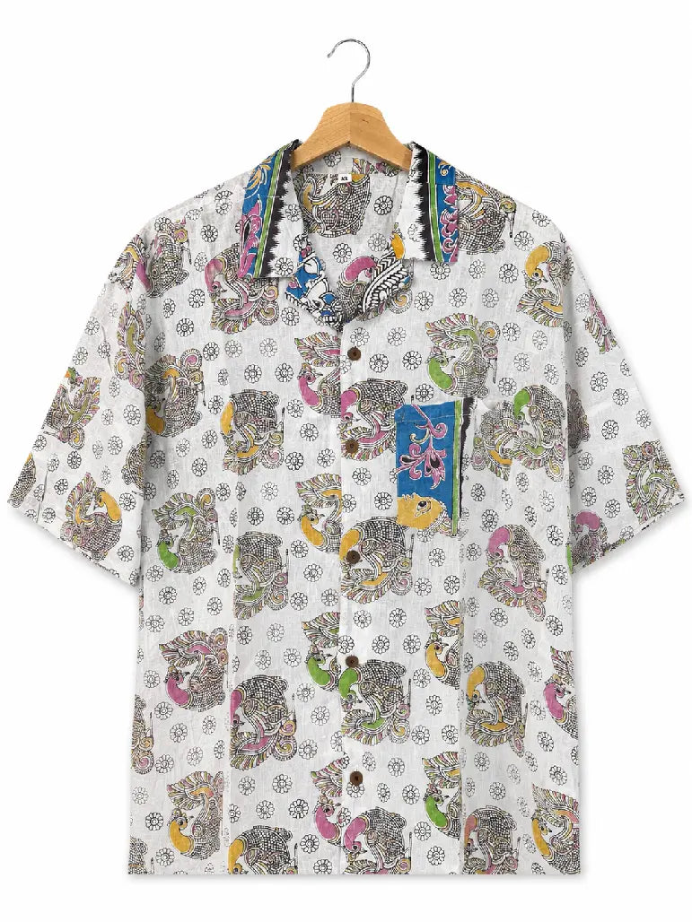Camicia Sari con Stampa Block Print Bianco Pavoni Multicolore Unisex - Taglia XL CAMICIE PARTICOLARI