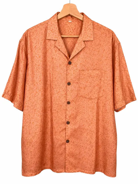 Camicia in Seta Sari Floreale Ramage Arancio Pesca Unisex - Taglia S