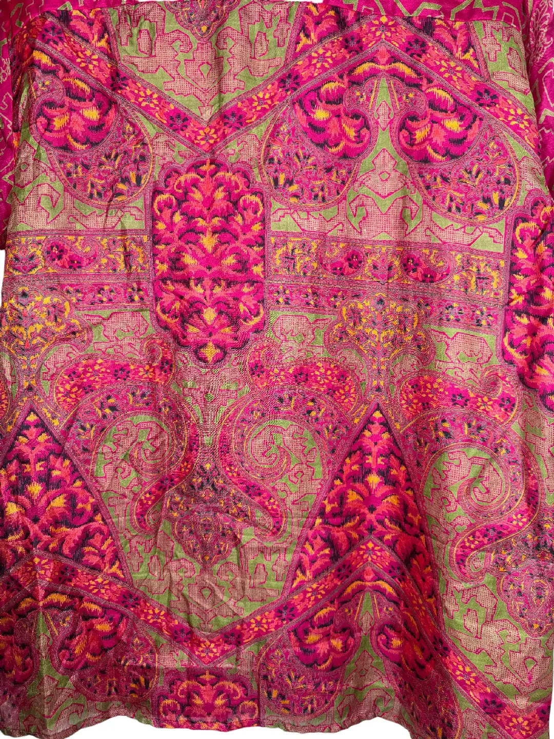 Camicia in Seta Sari Geometrica Floreale Fucsia e Verde - Taglia S