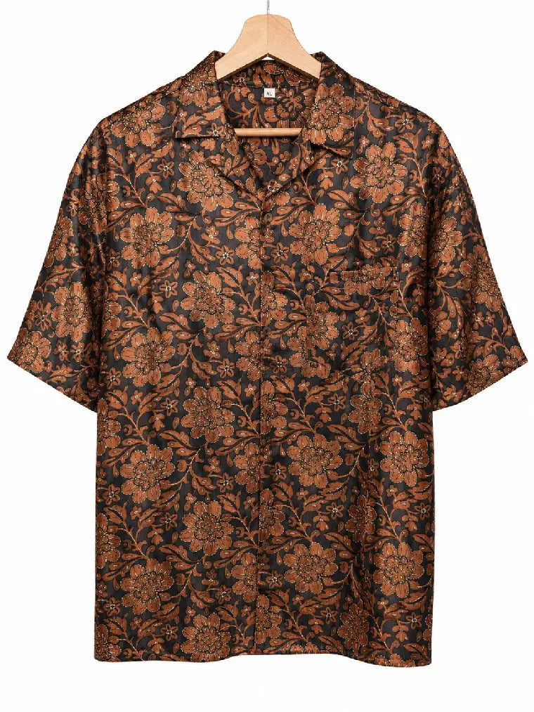 Camicia in Seta Sari Floreale Ricamata Nero e Rame Unisex - Taglia XL