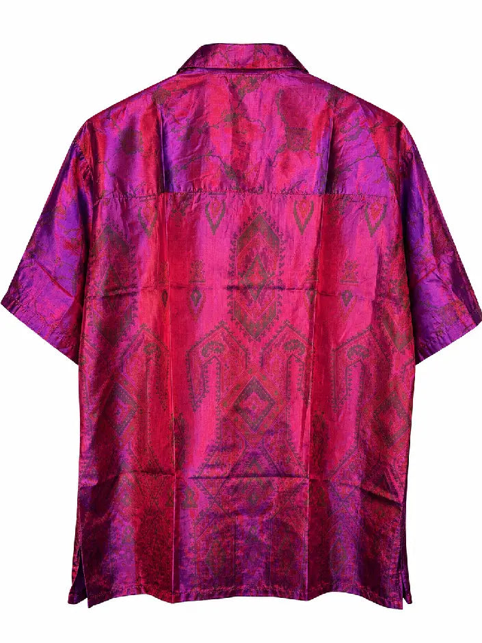 Camicia in Seta Sari Cangiante Fucsia Viola Mandala Unisex - Taglia M