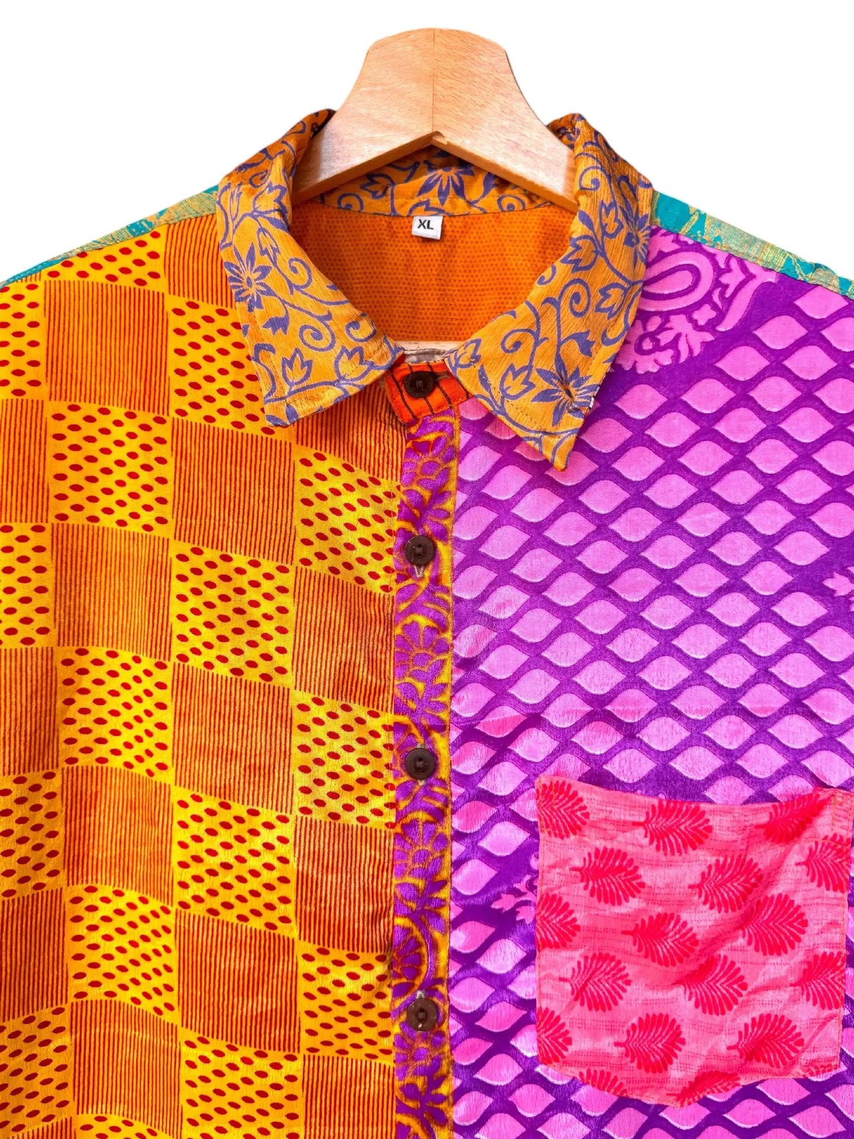 Camicia Etnica Arancio Viola - Patchwork Boho Sari - Taglia XL