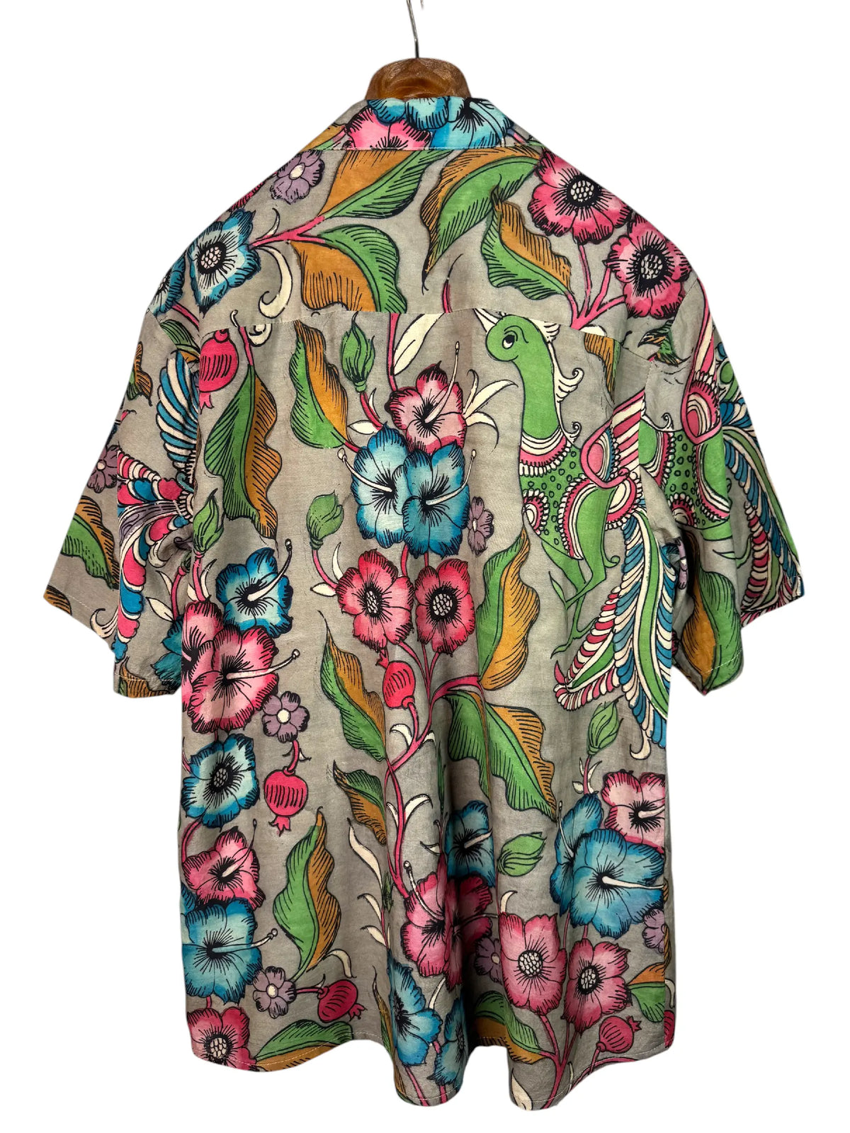 Camicia Etnica Seta Tussar Kalamkari Fiori e Fenice - Tg L