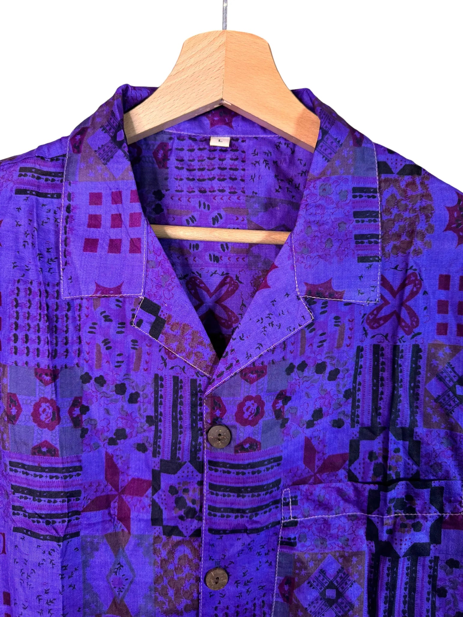 Camicia in Seta Sari Patchwork Geometrico Viola Unisex - Taglia L