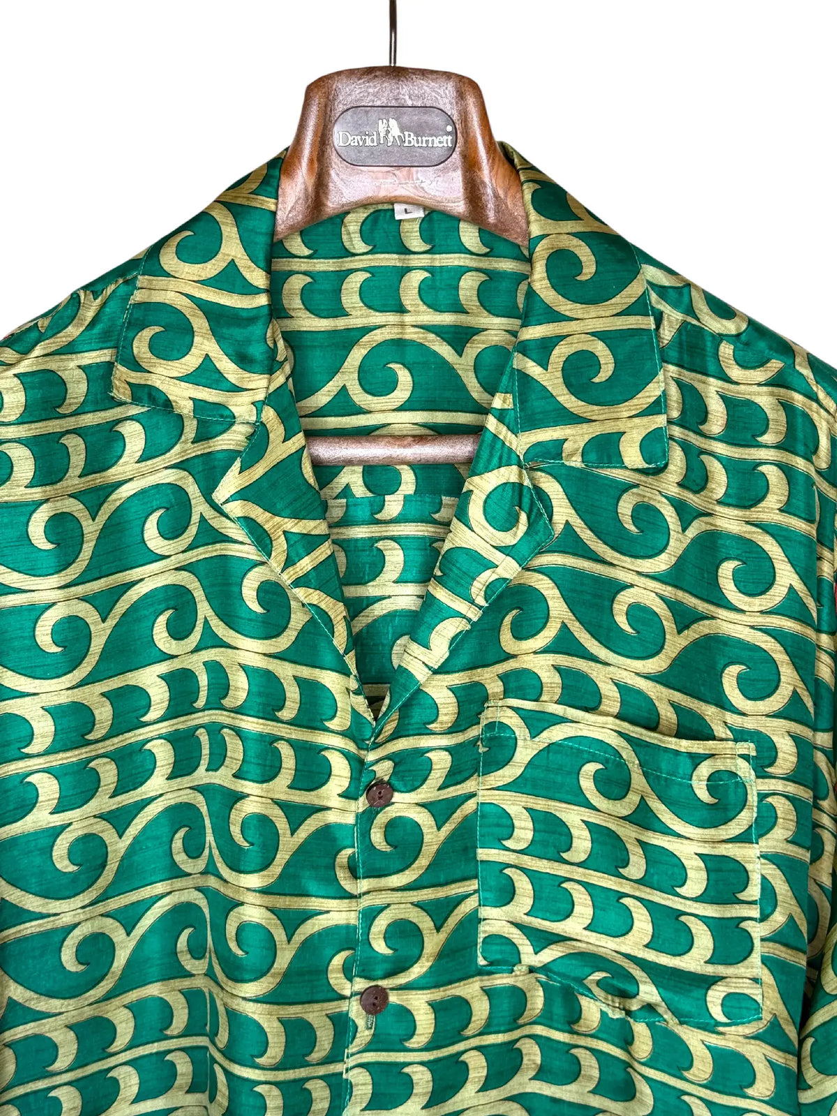 Camicia Etnica in Seta Sari Vintage Onde Verde Smeraldo - Taglia L
