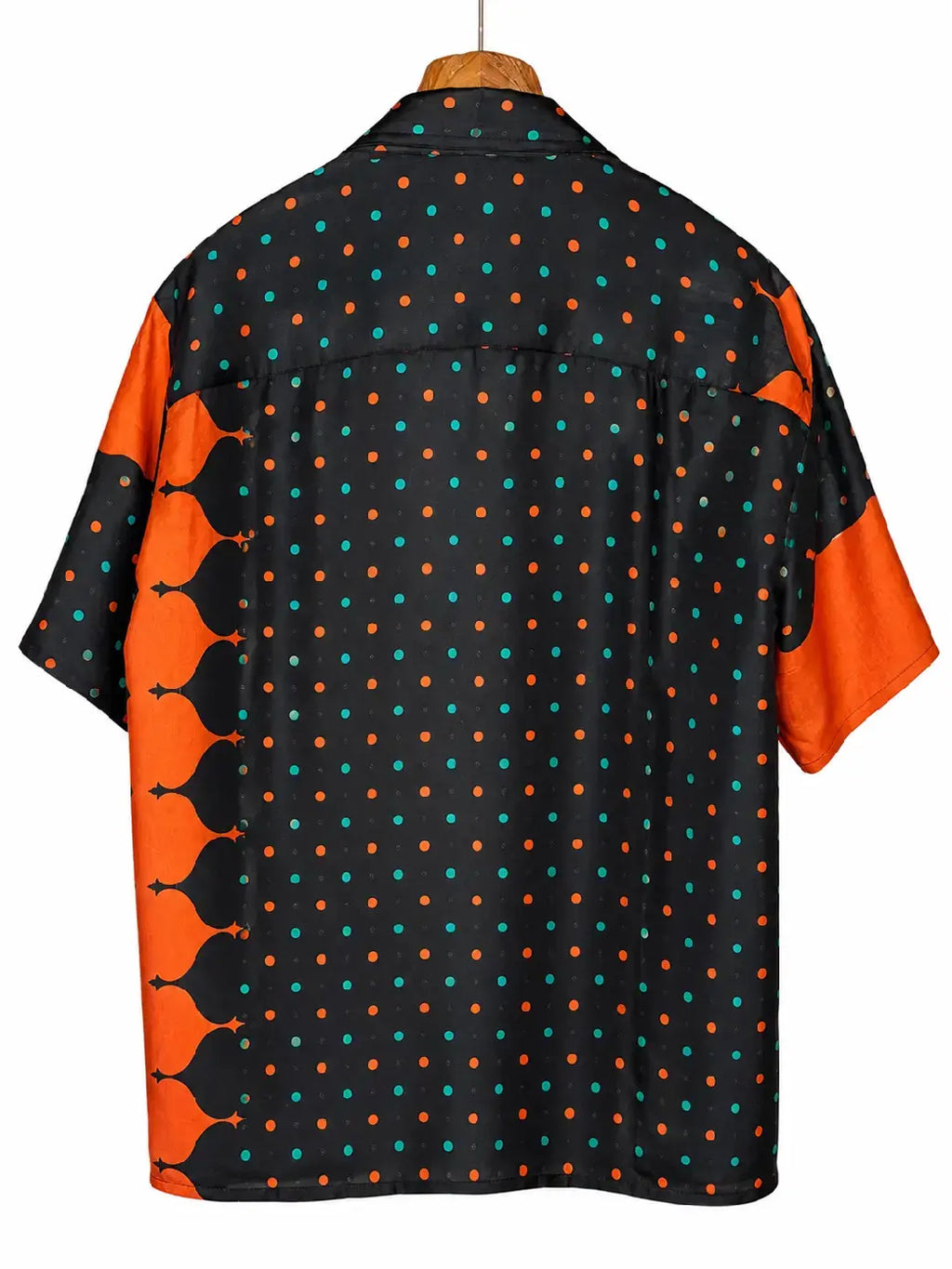 Camicia Etnica in Seta Sari Vintage Pois Nero Arancio - Taglia M