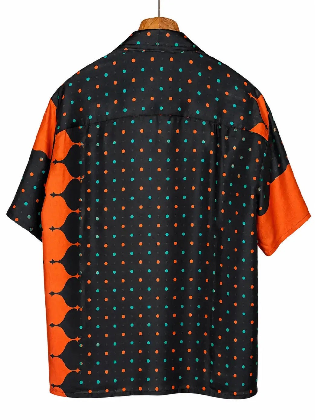 Camicia Etnica in Seta Sari Vintage Pois Nero Arancio - Taglia M