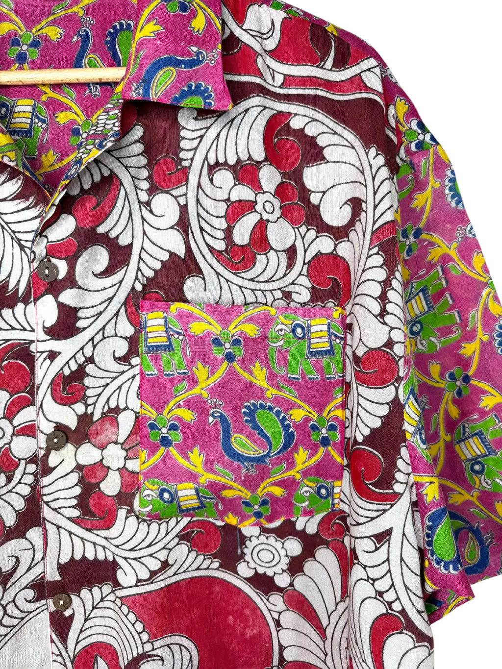 Camicia Etnica Kalamkari Pavone Cotone Fucsia - Taglia L