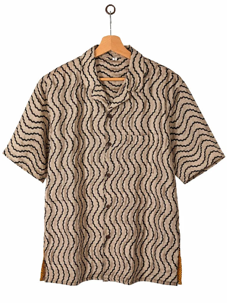 Camicia in Seta Sari Onde Grafiche Beige e Nero Unisex - Taglia L