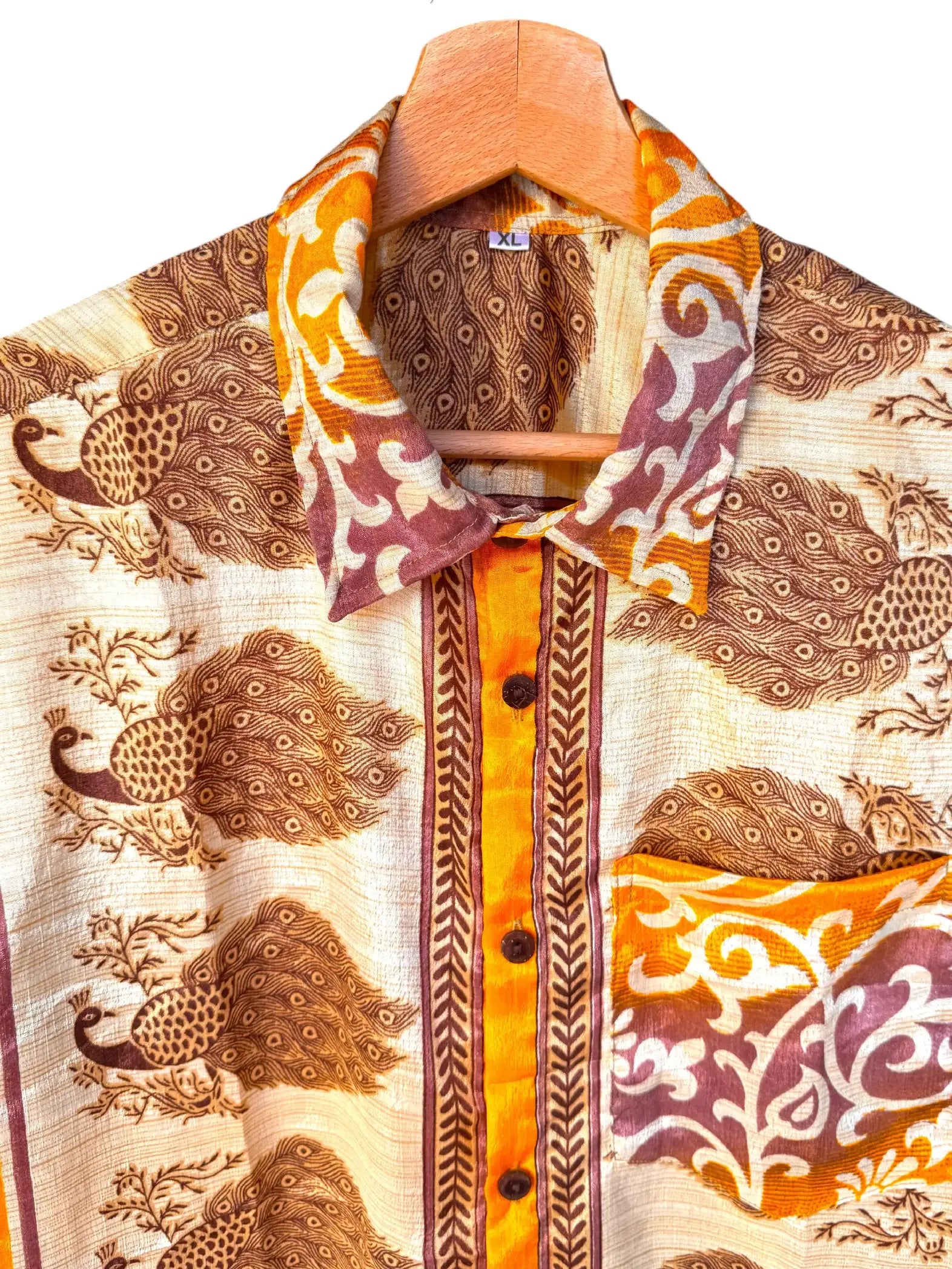 Camicia Etnica Oro Marrone - Pavoni Arabesco Boho Sari - Taglia XL