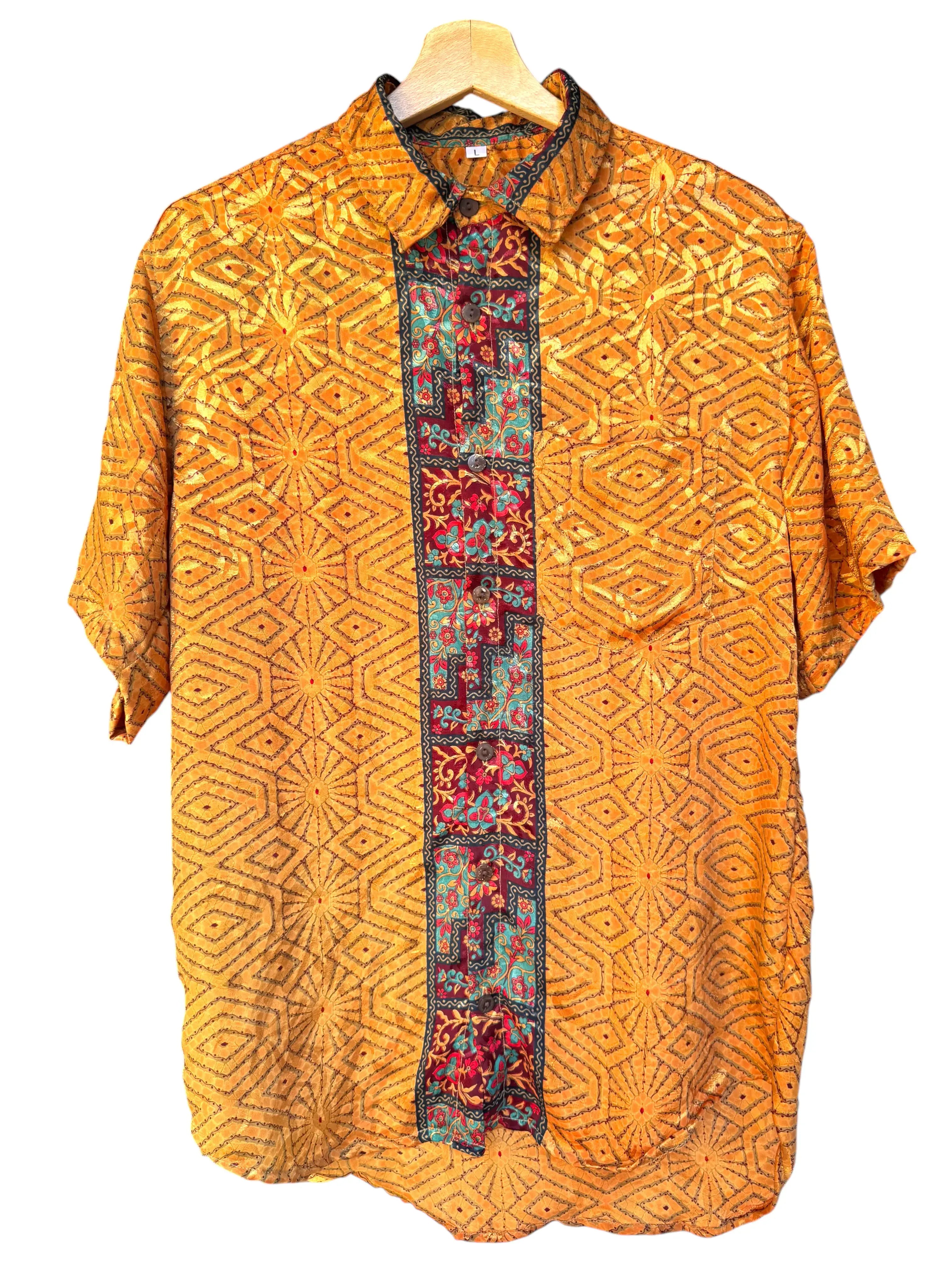 Camicia Etnica Arancio Oro - Bandhani Floreale Boho Sari - Taglia L