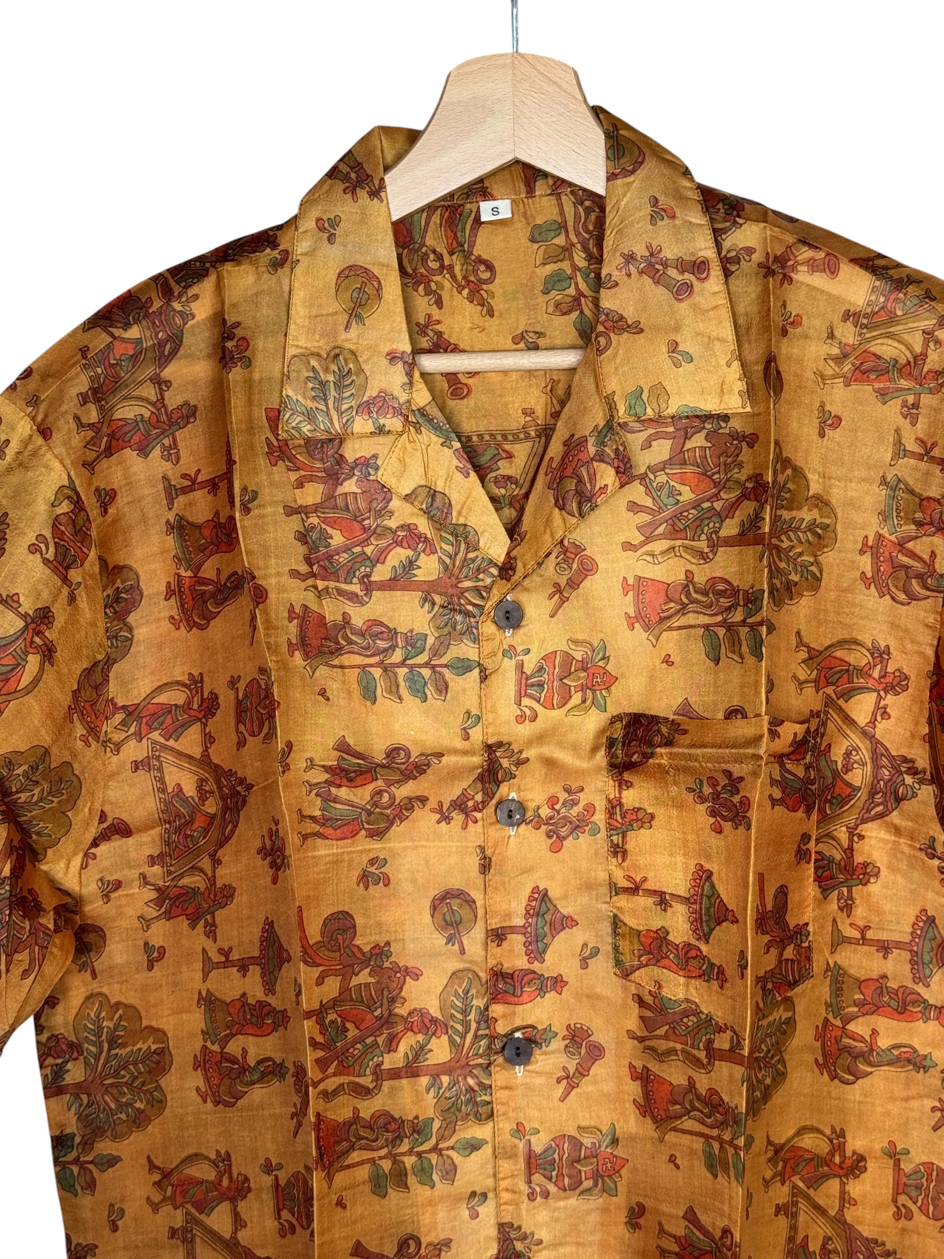 Camicia in Seta Sari Miniature Indiane Ambra Unisex - Taglia S