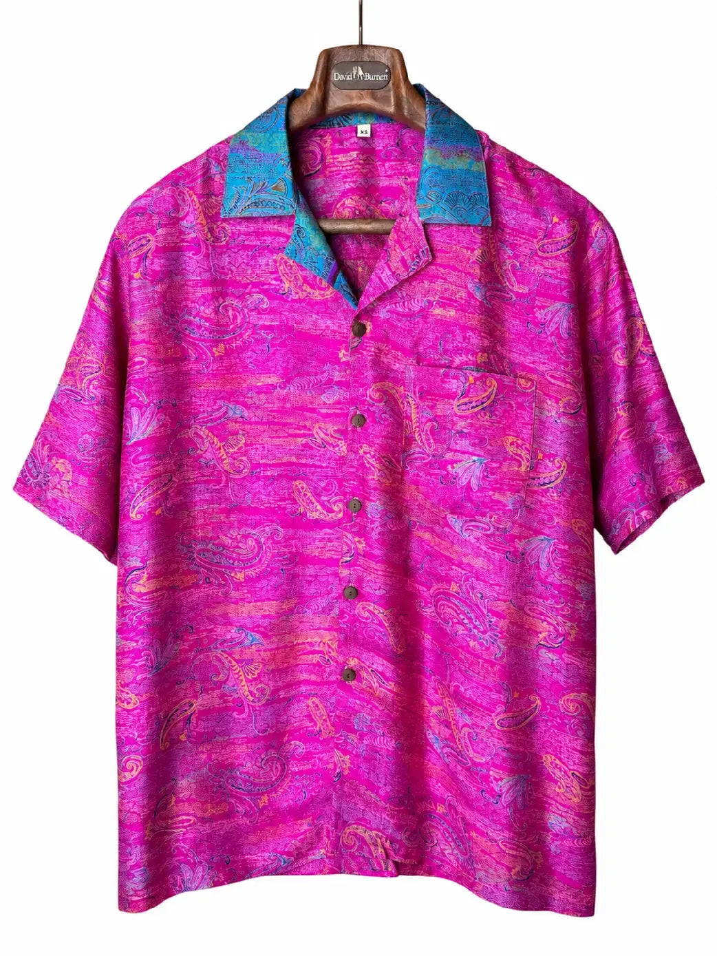 Camicia Etnica in Seta Sari Vintage Paisley Fucsia Turchese - Taglia S