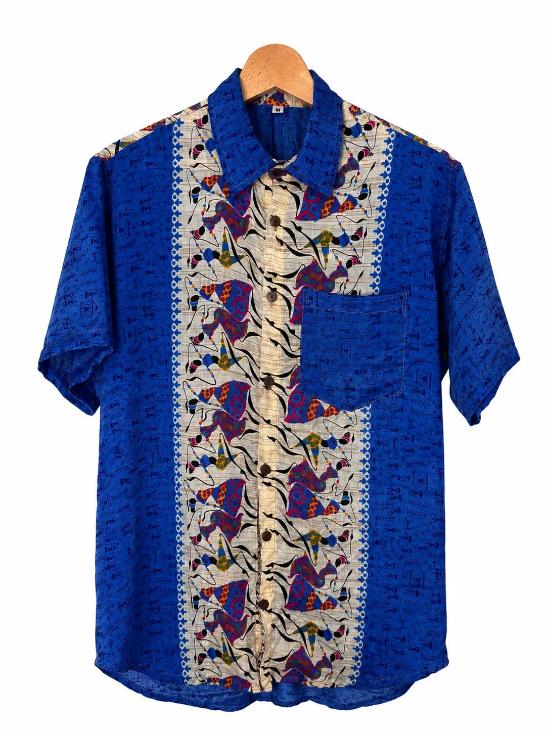 Camicia Sari Etnica Blu Cobalto Pesci Geometrica Unisex - Taglia M