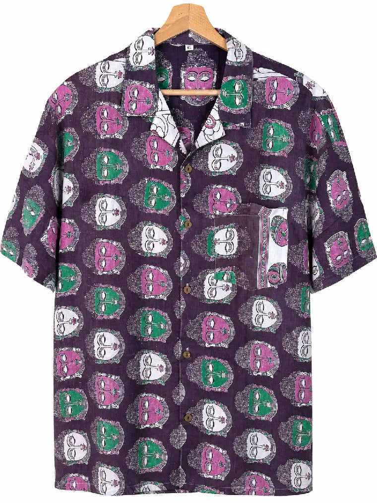 Camicia Kalamkari Block Print Volti Divini e Uccelli Unisex - Taglia XL CAMICIE PARTICOLARI