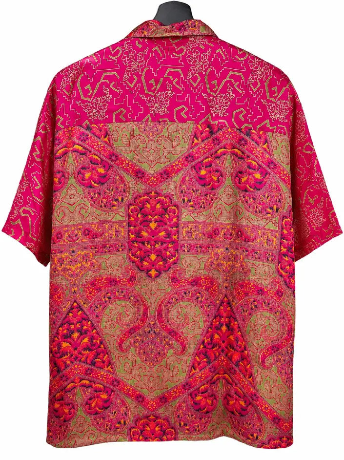 Camicia in Seta Sari Geometrica Floreale Fucsia e Verde - Taglia S