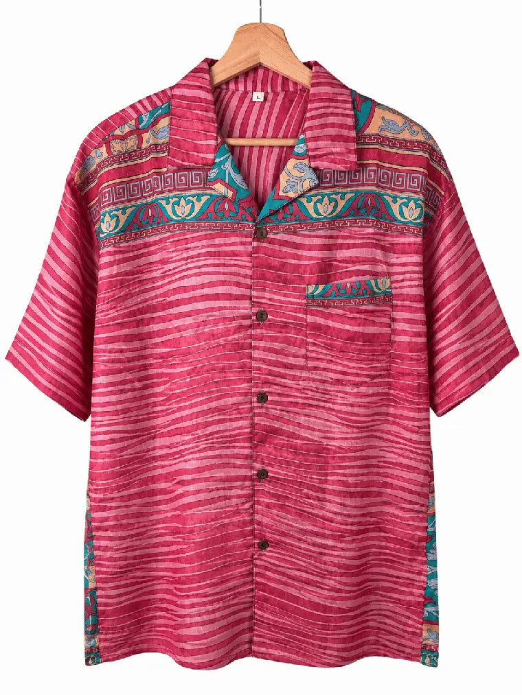 Camicia in Seta Sari Righe e Bordure Cerimoniali Fucsia - Taglia L