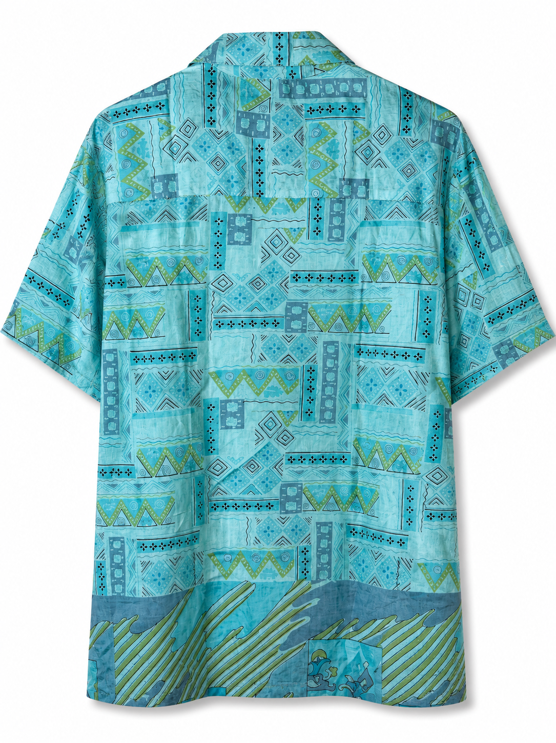 Camicia in Seta Sari Etnica Turchese Geometrica Unisex - Taglia L