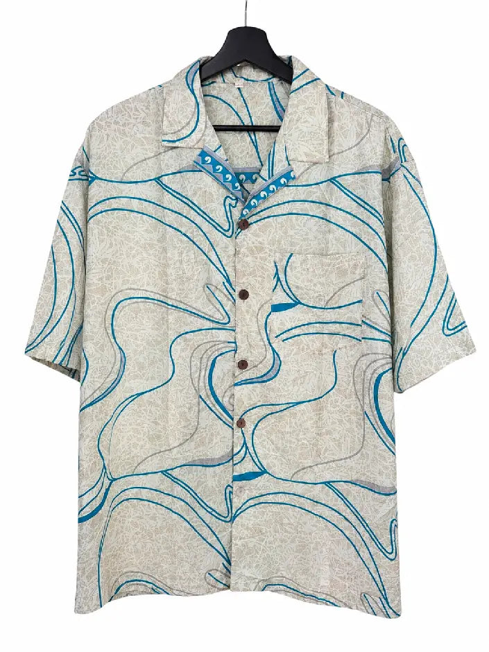 Camicia in Seta Sari Onde Astratte Avorio e Turchese Unisex - Taglia L