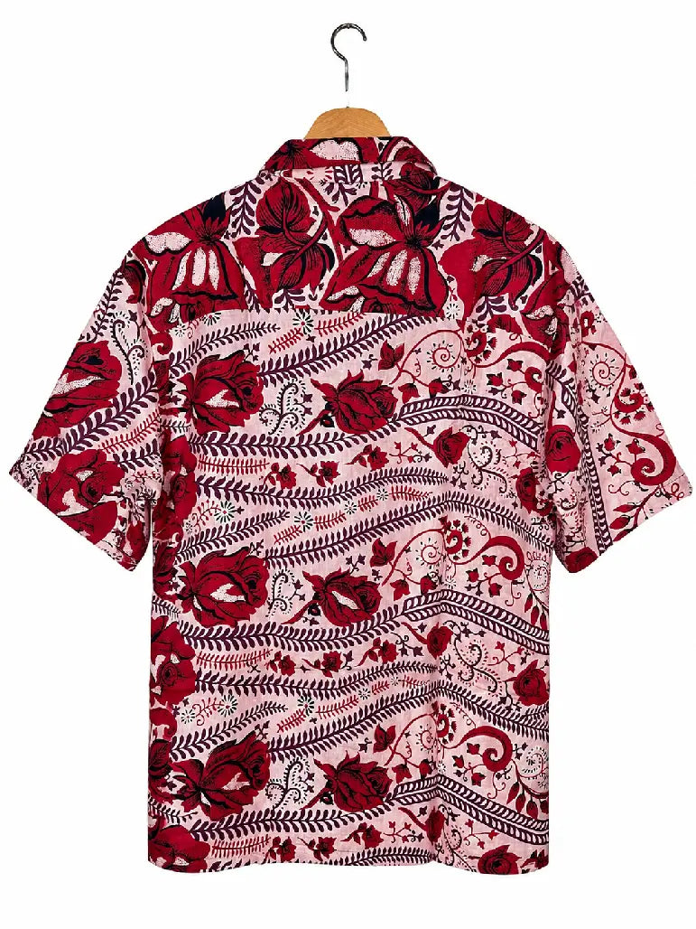 Camicia in Seta Sari Rose e Felci Rosso e Rosa Unisex - Taglia L