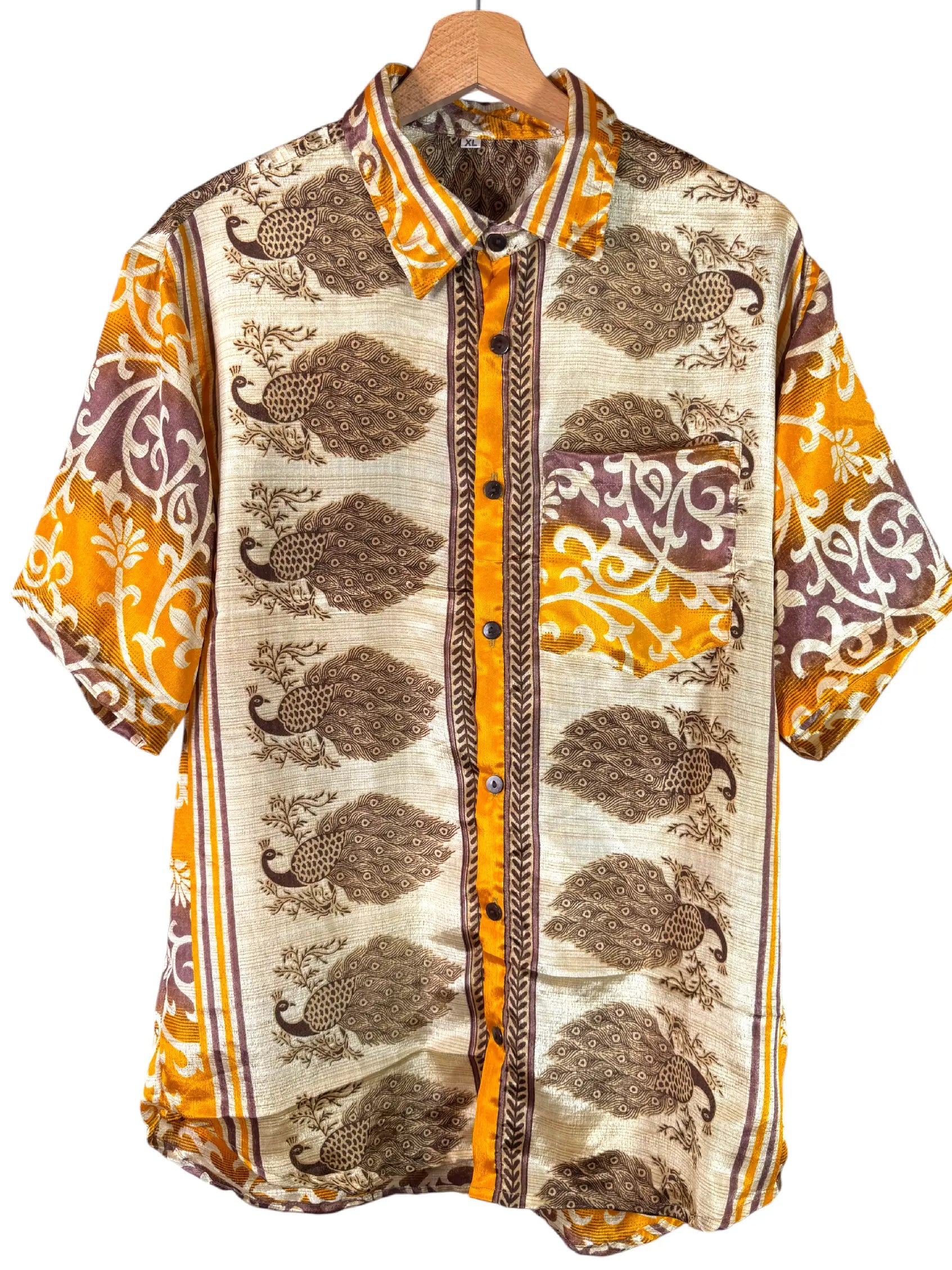 Camicia Sari Pavoni Avorio e Arabeschi Ambra Unisex - Taglia XL