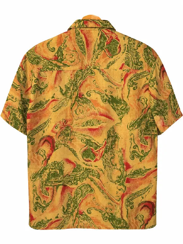 Camicia in Seta Sari Astratto Barocco Ocra e Verde Unisex - Taglia M