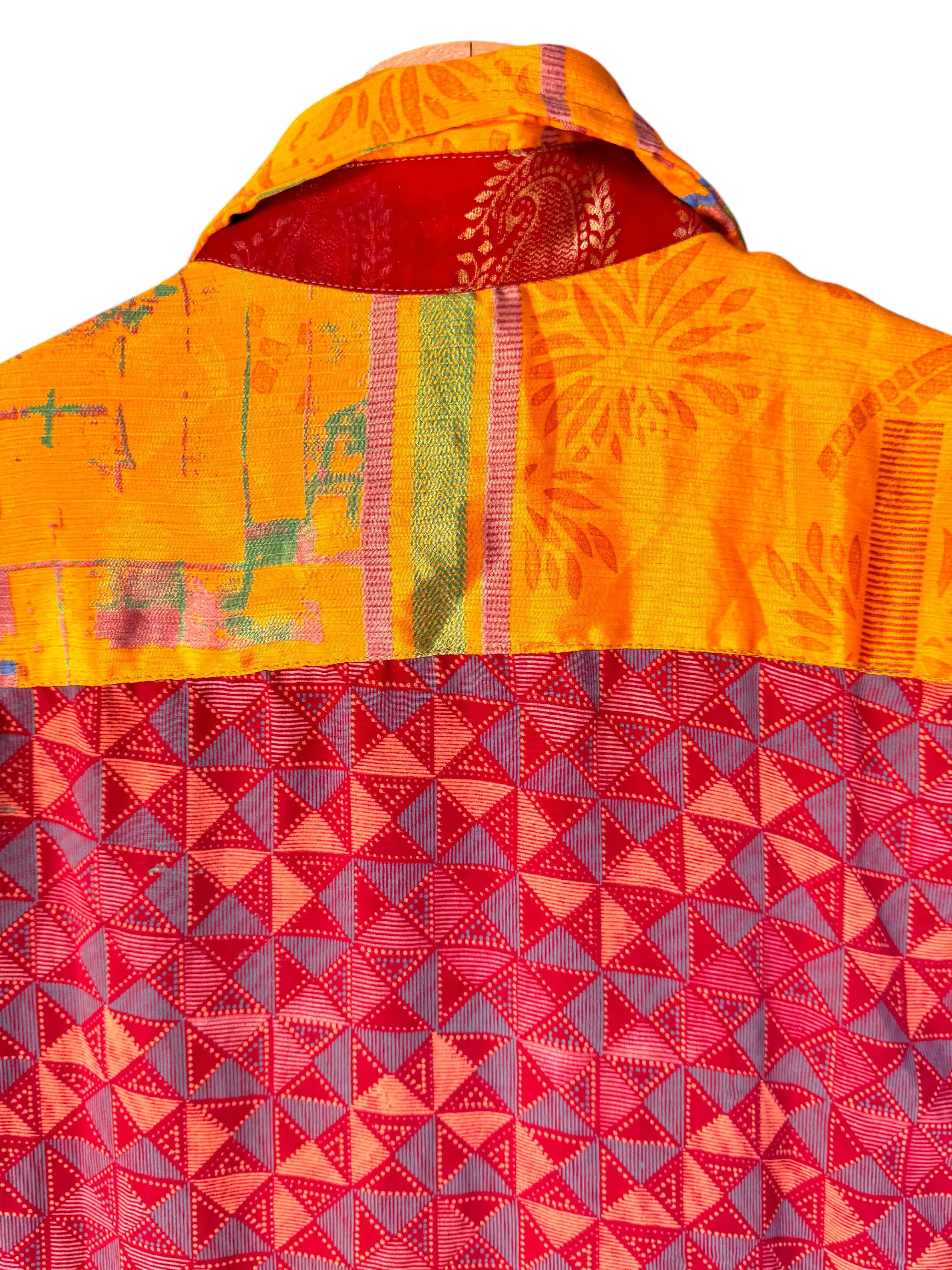 Camicia Patchwork Etnica Arancione e Azzurra Boho Unisex - Taglia S