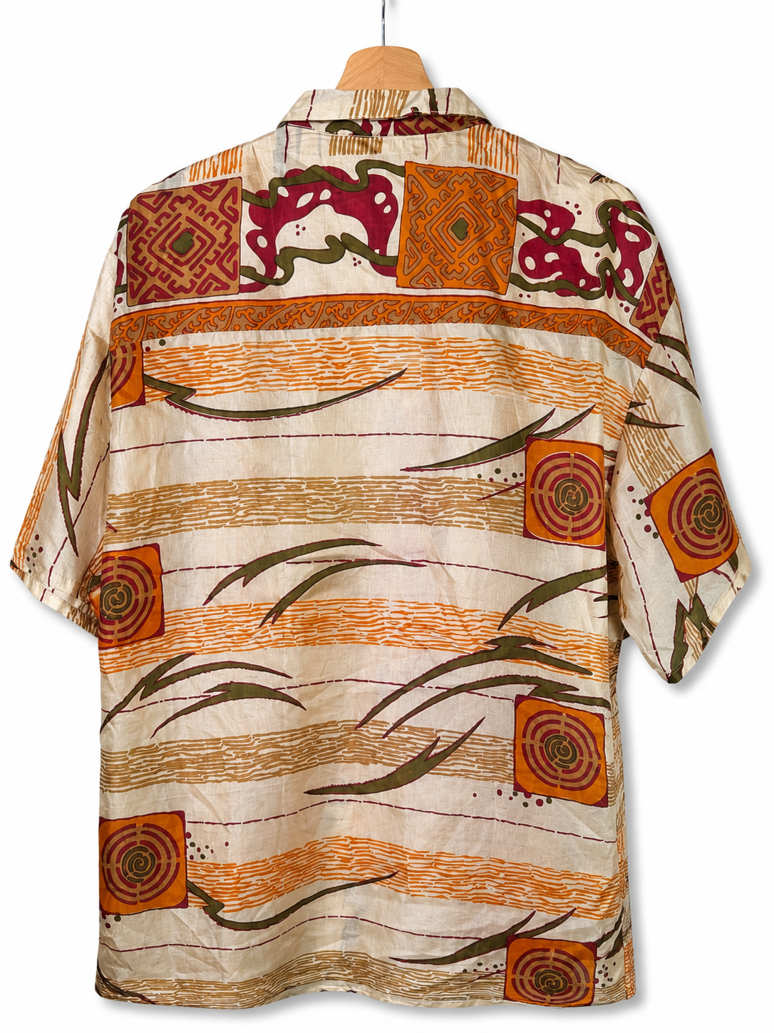 Camicia in Seta Sari Etnica Avorio Arancio Spirali Tribali - Taglia M