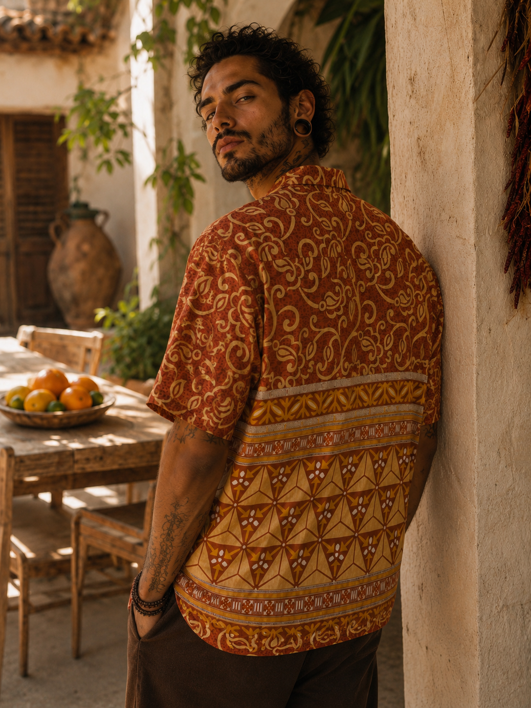 Camicia in Seta Sari Etnica Terracotta Oro Paisley Unisex - Taglia XL