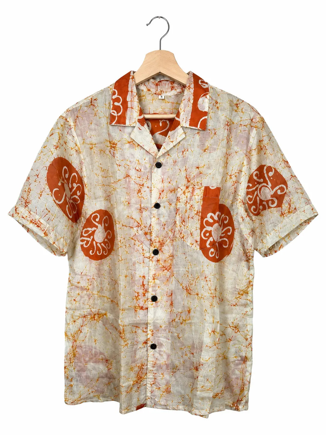Camicia in Seta Sari Batik Avorio e Terracotta Unisex - Taglia S