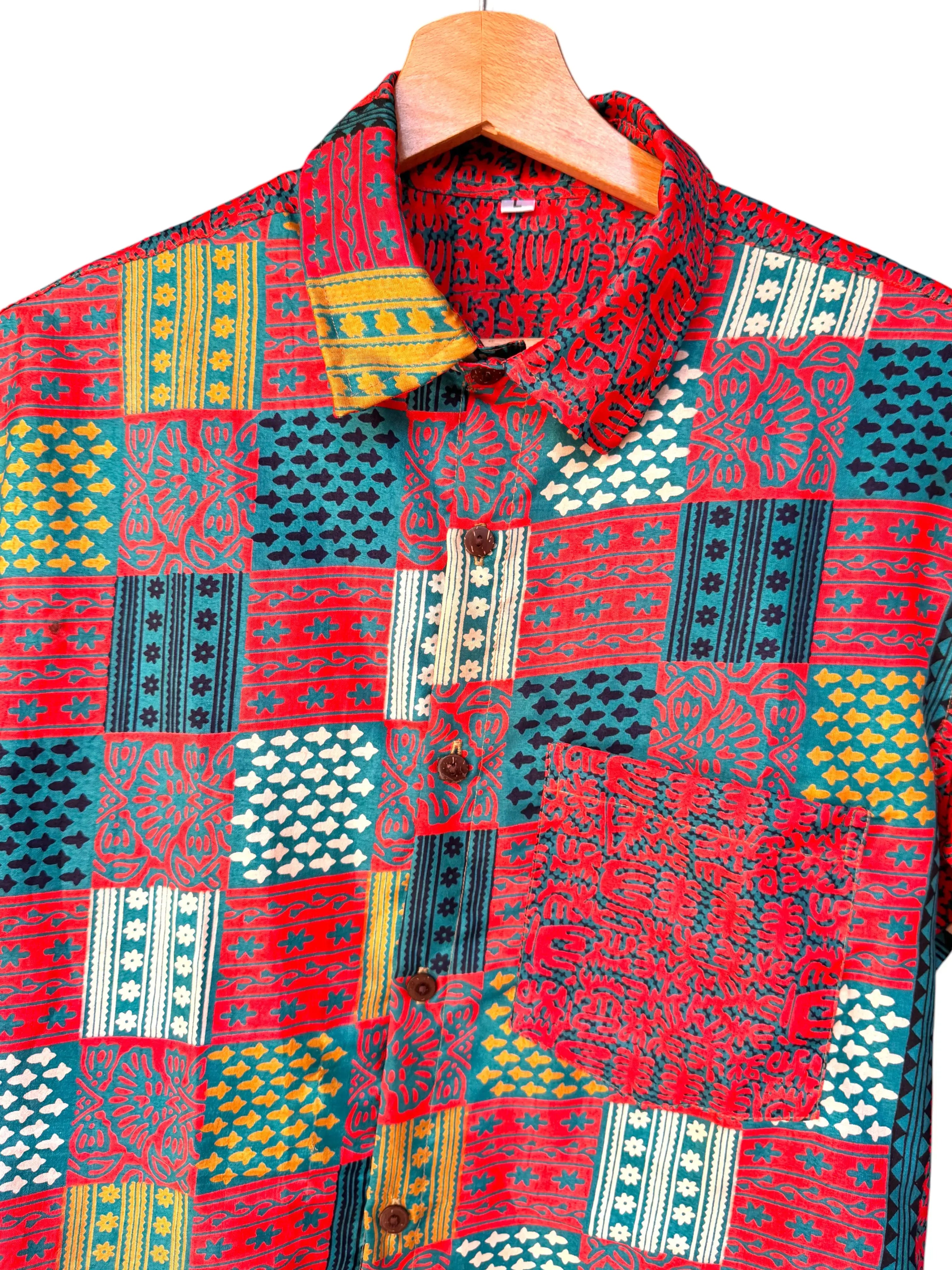 Camicia Etnica Rossa Teal - Patchwork Paisley Boho Sari - Taglia L